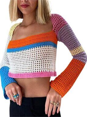 Women Hollow Out Square Neck Crochet Knit Sweater Pullover Y2k Crop Tops Long Sl